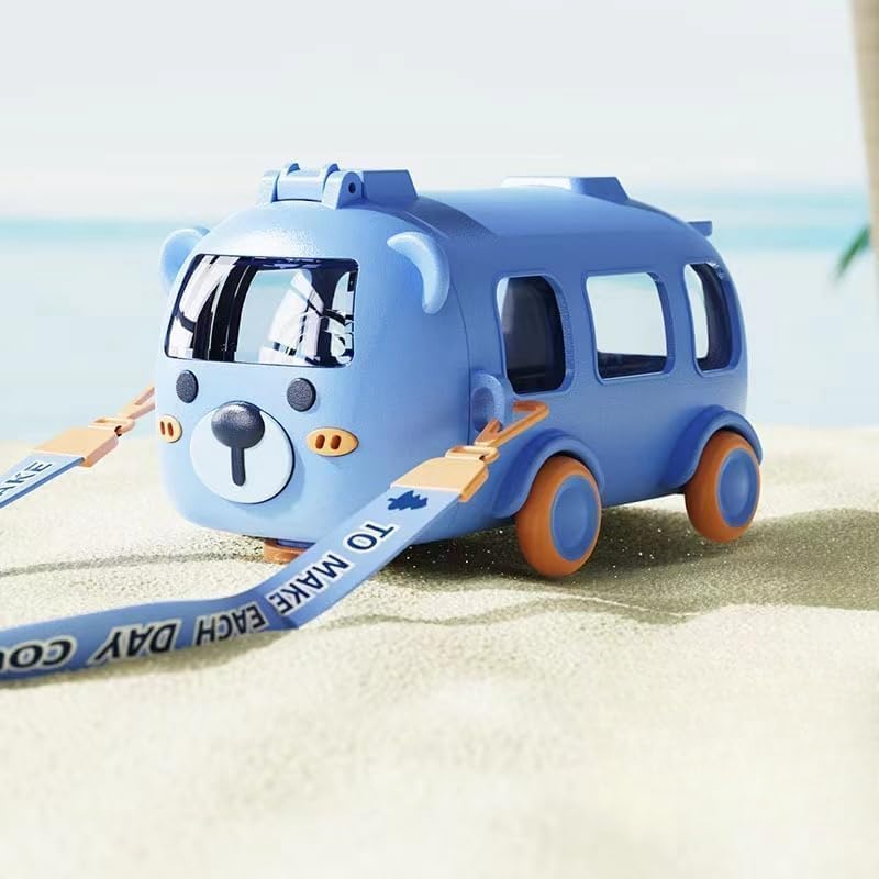 Bus Straw Water Bottle With Strap,17oz Portable Cute Bear Car Water Bottles with Movable Wheels, Leakproof BPA free Bear Drinking Jug for Camping Trips Girls School Sports