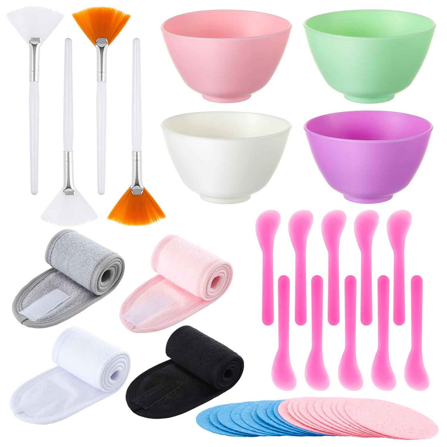 The Complete Facial Tool Kit: 4x Cleansing Sponge Puffs, Hair Patti, Mixing Bowl & Brush | Makeup Remover & Exfoliating Set