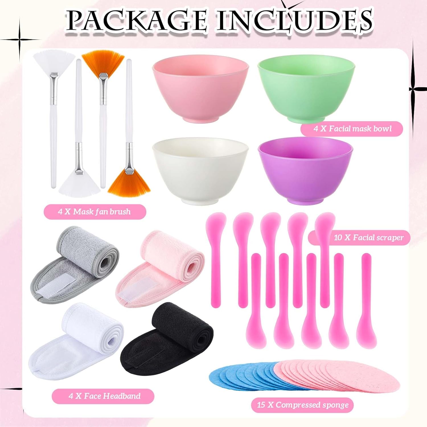 The Complete Facial Tool Kit: 4x Cleansing Sponge Puffs, Hair Patti, Mixing Bowl & Brush | Makeup Remover & Exfoliating Set