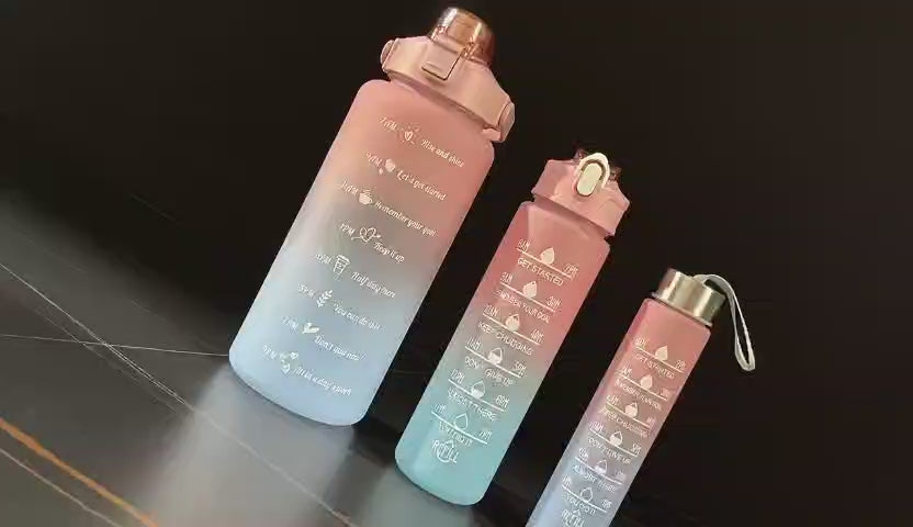 3 in 1 Set 2L 900ML 300ML Gallon Botella De Agua Bpa Free Plastic Gym Sports Motivational Botol Minum Water Bottle With Time Marker Straw